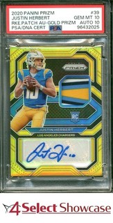 2020 PANINI PRIZM RPA GOLD #39 JUSTIN HERBERT RC #/10 POP 1 PSA 10 DNA AUTO 10