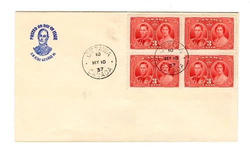 R683 Canada FDC - 1937 George VI Coronation - Block - Simple Cachet FDC Cover