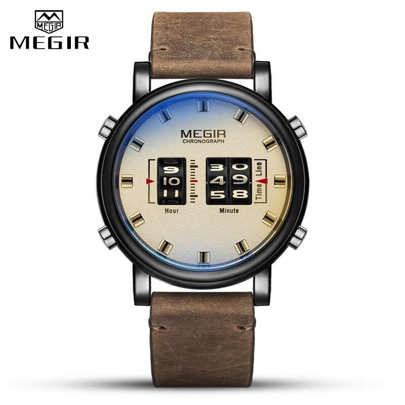Reloj de negocios con rodillo de tambor de cuero analógico de cuarzo para hombre MEGIR Relogio Masculino
