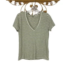 Madewell green striped v-neck shirt S