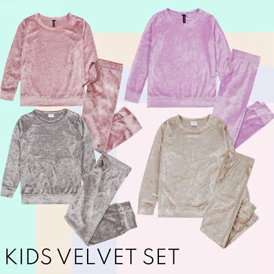 METZUYAN Girls Velour Tracksuit Crushed Velvet Set Grey Pink Lounge 2 Pieces Set Outfit