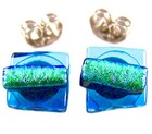 Dichroic Post Earrings 1/4" 8mm Blue Teal Green Stripe Square Tiny Glass Studs