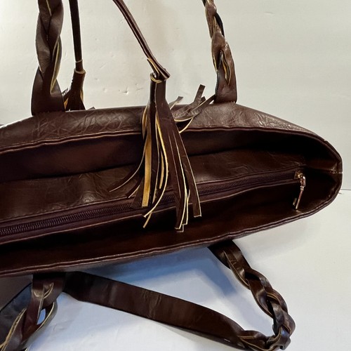 Bolso de Hombro Weimeibaige Bolso de Cuero Sintético Marrón Correas Trenzadas Borla - Imagen 7 de 12