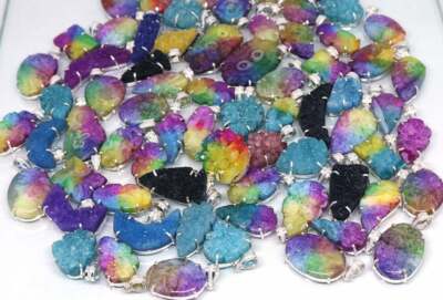 Rainbow Solar & Druzy Mix Gemstone 925 Sterling Silver Plated Prong Pendant Lot