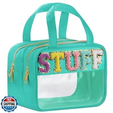 BuyCard Chenille Letter Clear Makeup Bags, Stuff Bag for Travel, Preppy Patch