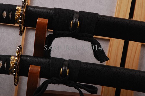 black Katana +wakizashi Japanese samurai swords set Full tang carbon steel sharp - Picture 7 of 12