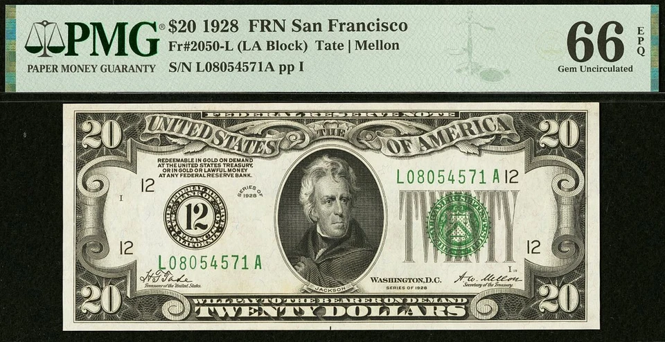 1928 $20 Federal Reserve Note PMG 66EPQ - Redeemable in Gold - San Francisco #12 - Image 2 of 3