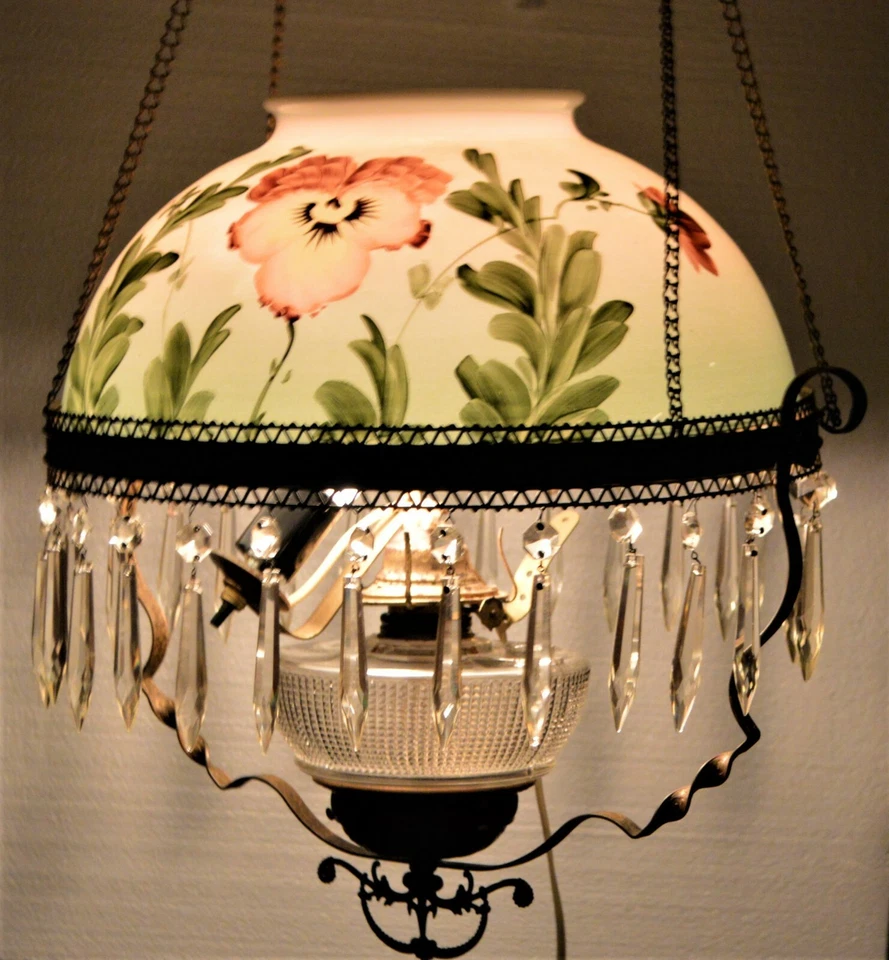 Викторианская гостиная выдвижная лампа красивый вручную абажур призма кристаллы 1890-е - Изображение 2 из 4