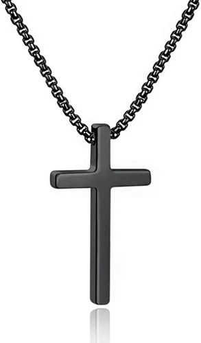 Men's Cross Necklace – Silver, Black, Gold Stainless Steel Pendant, Box Chain