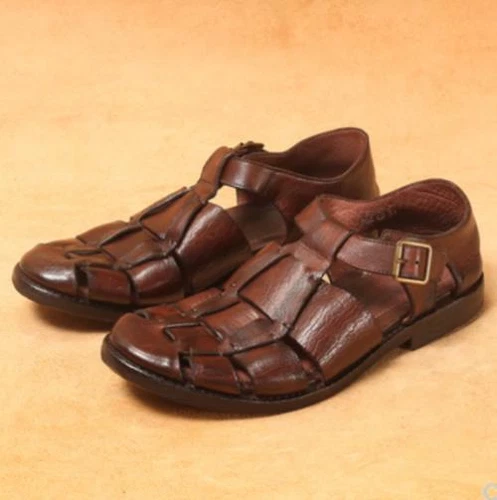 Men's Real Leather Casual Roma Sandals Buckle Sandals Vintage Hollow Out Weave- - Picture 2 of 8