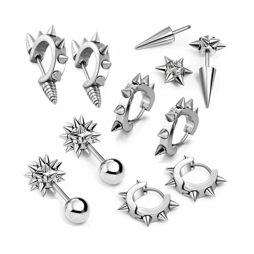 5Pairs Spike Rivet Stainless Steel Huggie Piercing Ear Stud Earrings Mens Women