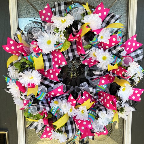 Cheerful & Bright Spring Summer Daisy Polka Dot Buffalo Plaid Deco Mesh Wreath - Picture 2 of 6