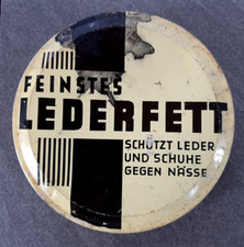Alte Blechdose Feinstes Lederfett sch&uuml;tzt Leder und Schuhe Blech Dose Werbung