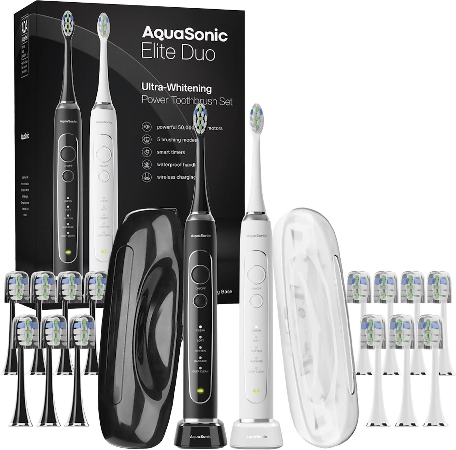 An image depicting AquaSonic - Elite Duo - Rechargeable Electric Toothbrush Set - 2 Brushes, 16 ...
