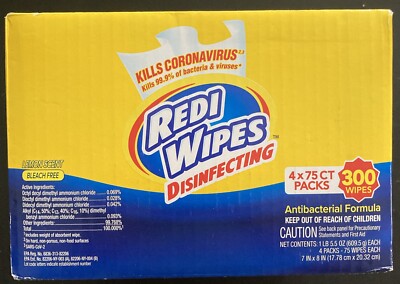 Redi Wipes Disinfecting Wipes 4x75 Count Packs- Lemon Scent - 300 Wipes New
