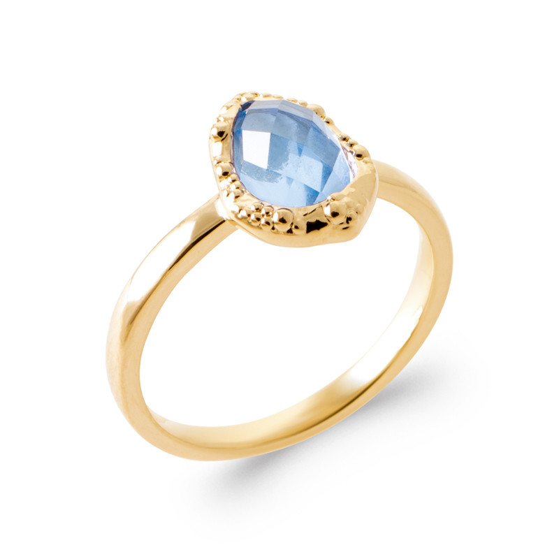 Bague goutte d'eau cristal bleu topaze en plaqué or 18 carats pour femme taille 54