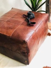 Ottoman Leather Boho New Square 30'' Brown Moroccan Footstool Pouffe Unstuffed