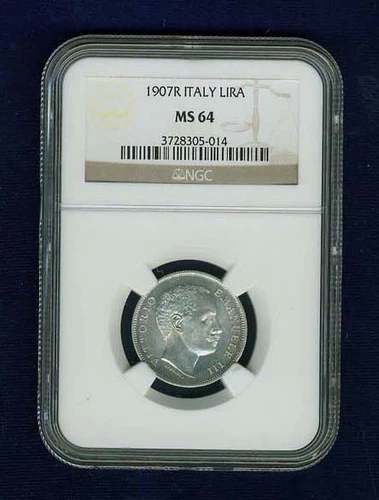 ITALY KINGDOM 1907-R 1 LIRA SILVER COIN CHOICE UNCIRCULATED NGC CERTIFIED MS64