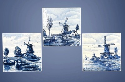 3 Vintage Delft Blue Tiles Windmills Canals Boats 6 Inch Nautical Holland Dutch
