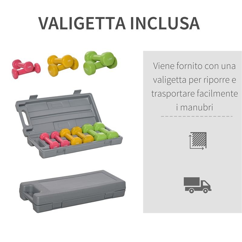 SET 6 MANUBRI PESI PER BRACCIA CON VALIGETTA DA 0.5 KG 1 KG 1.5 KG ACCIAIO foto 2