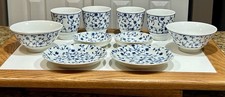 Japanese Blue & White Porcelain Tea & Rice Bowl Set Vine Floral Scroll, 10-Piece