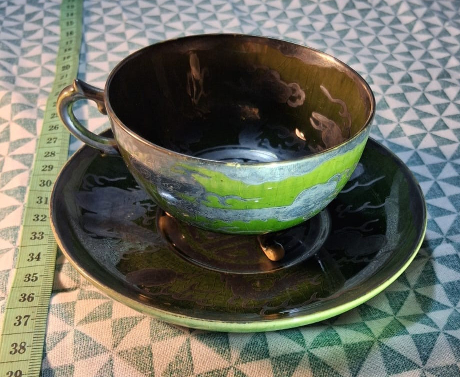 Antique Chinese Silver Overlay Porcelain Cup Saucer Set Republic Dragon Tripod image 4
