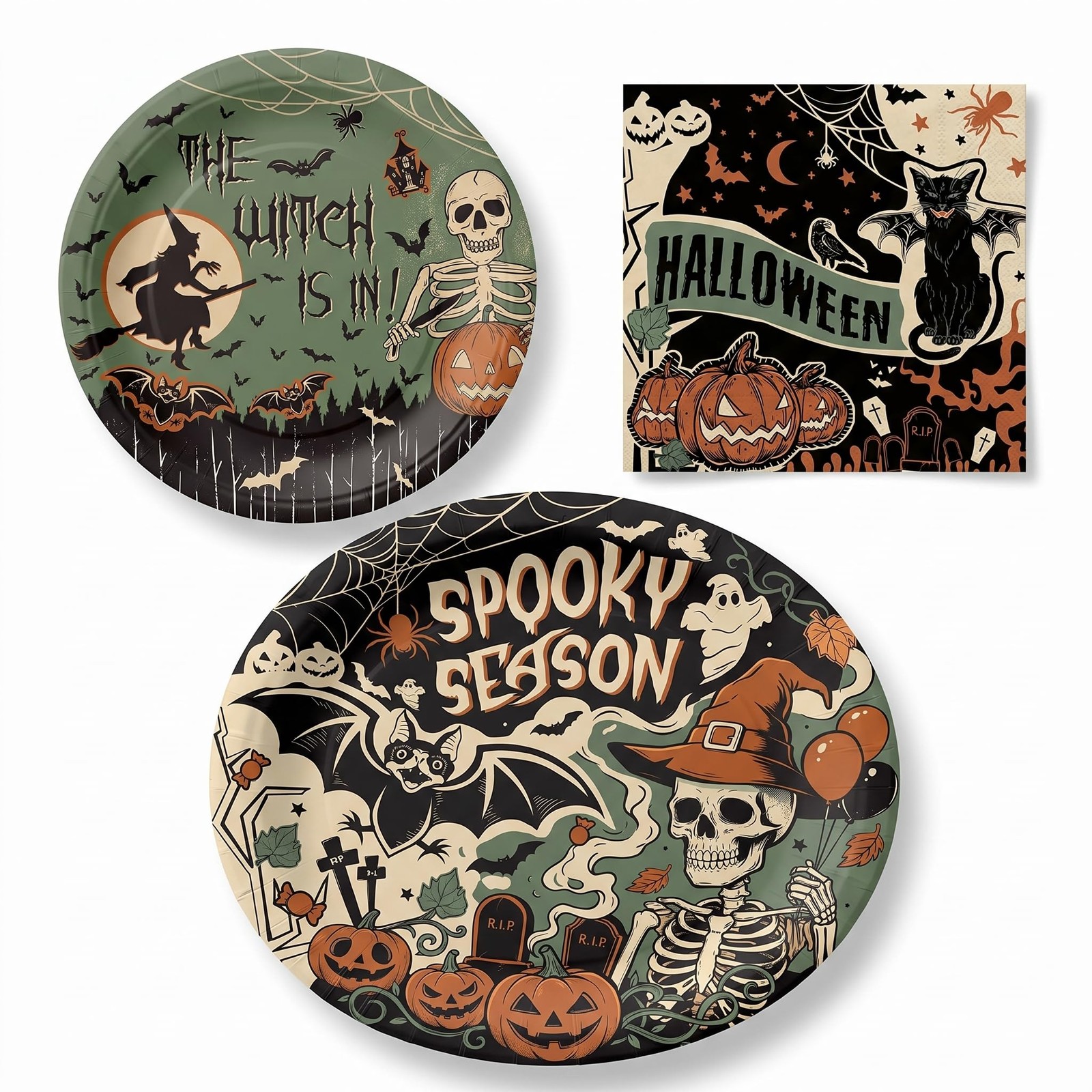 Dereinwo 100 Pcs Halloween Paper Plates and Napkins Set