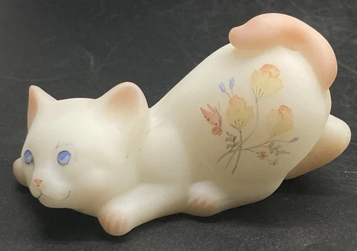 Fenton Peach Meadow Blooms On Opal Satin Crouching Cat Kitten Figurine Signed