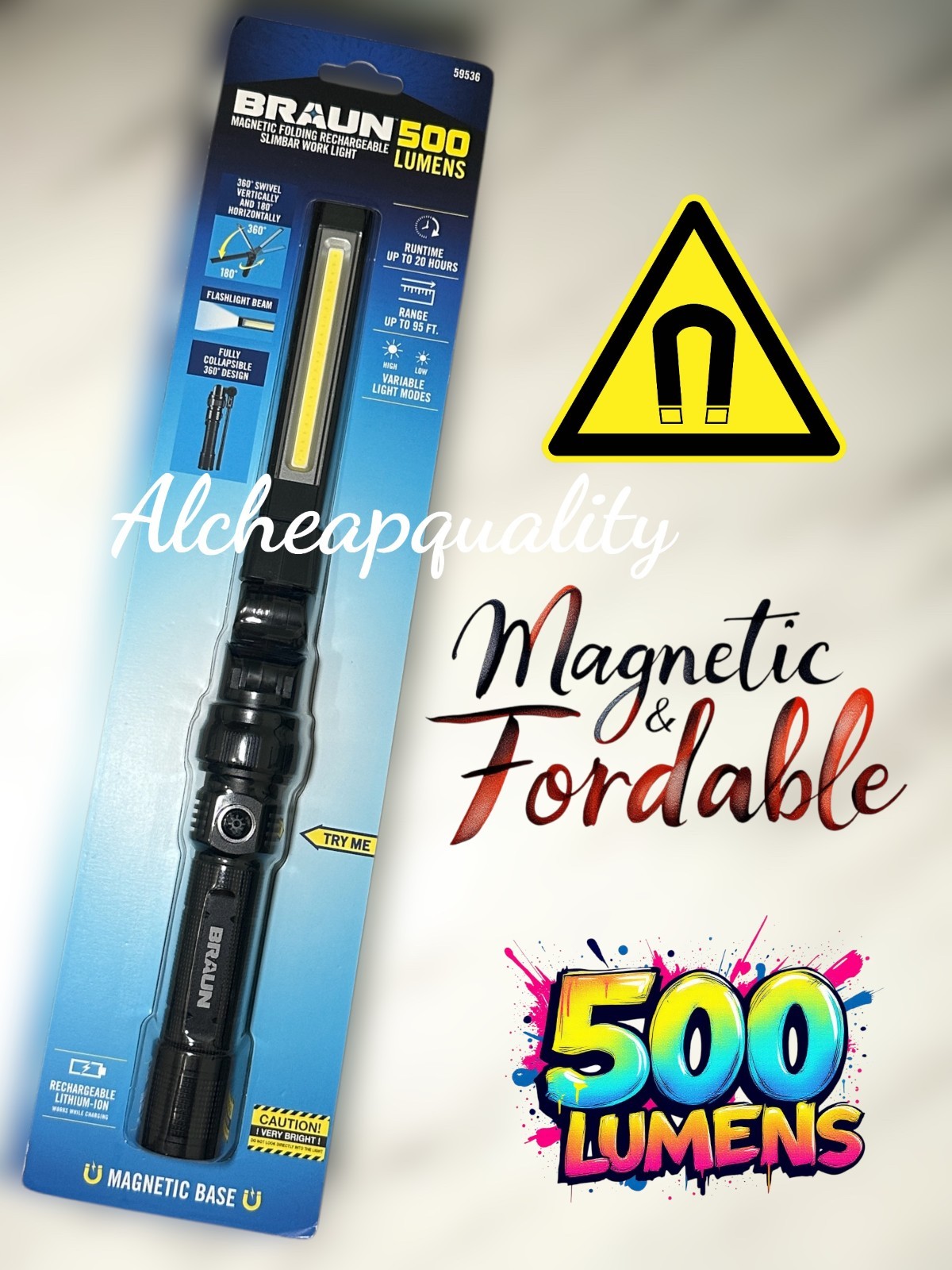 Magnetic Slim Bar Folding Light Rechargeable 500 Lumens Work LED Flashlight Hand