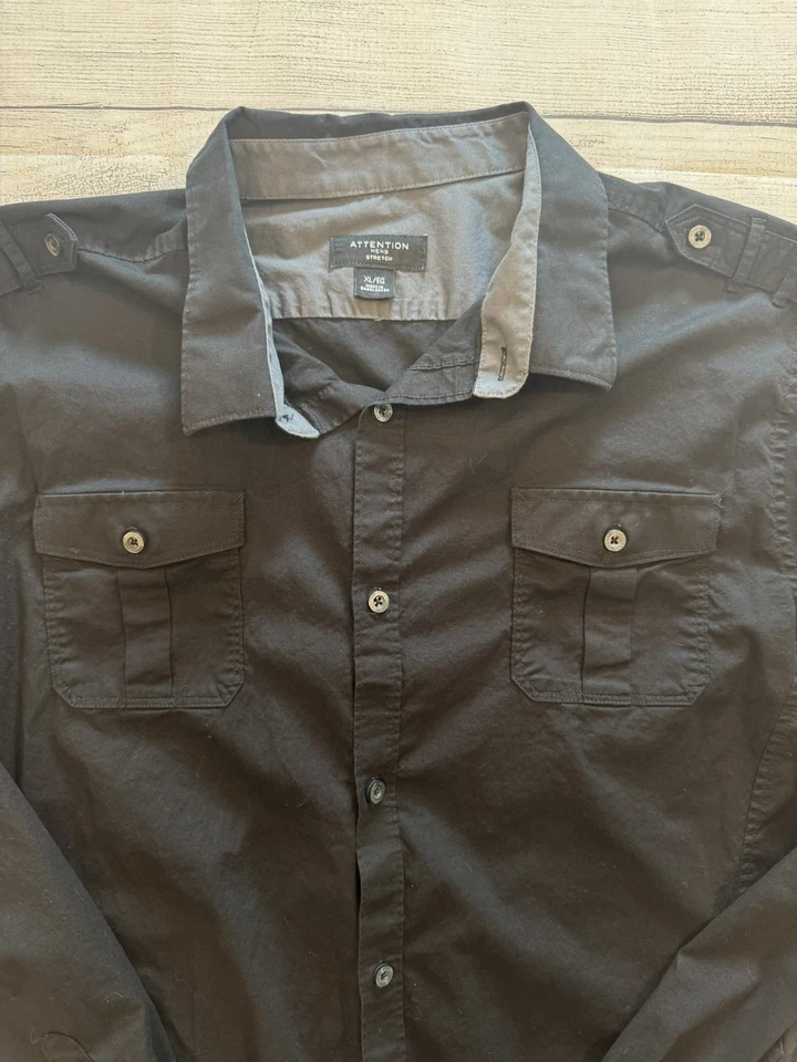 Camisa Attention Para Hombres XL Negra Abotonada Elastizada Manga Larga Charretera Utilitaria Top Foto 2 de 4