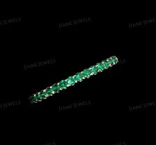Simulated Emerald Eternity Band Ring Dainty Thin Stacking 14k White Gold Silver