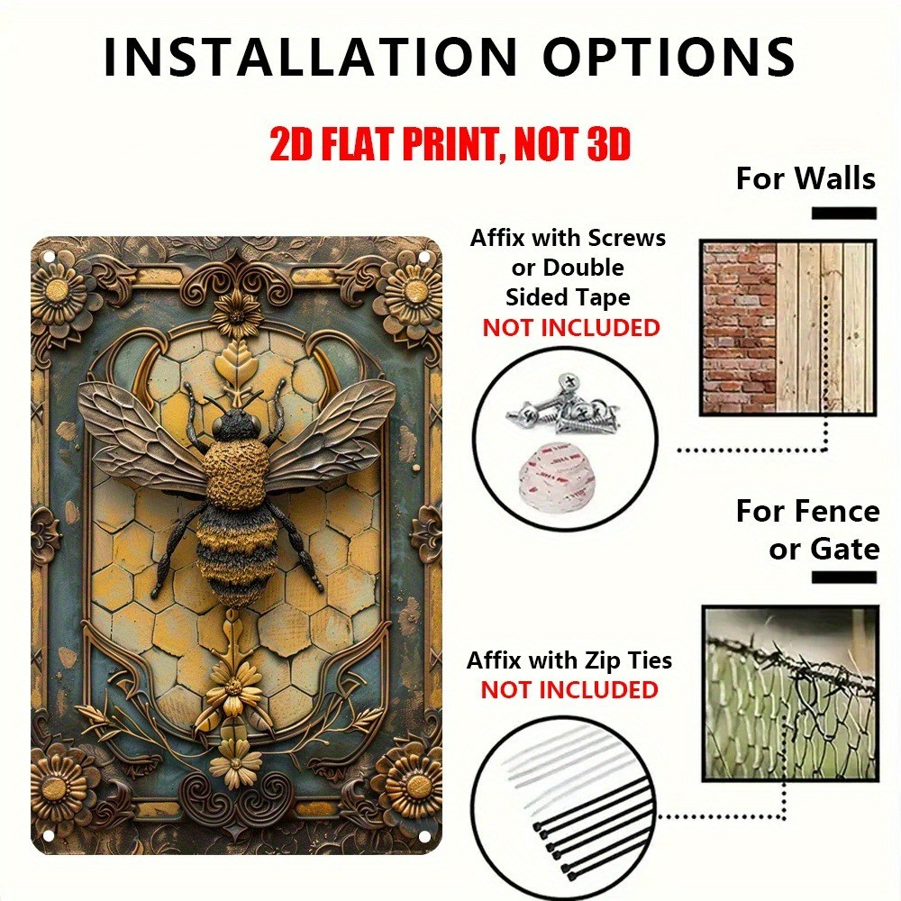 Tin Sign Vintage Bee Metal Wall Art Ornate Floral Honeybee Decor