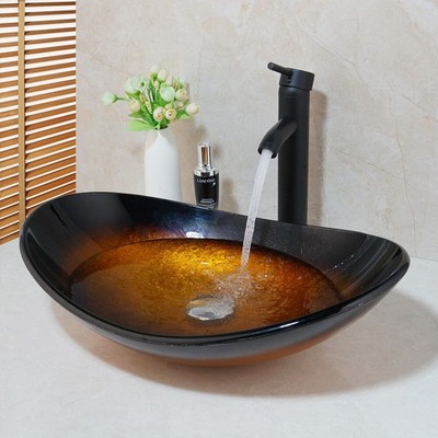 Only Bowl Bathroom Vessel Sink Tempered Glass Oval Basin Bowl Deck Mounted
