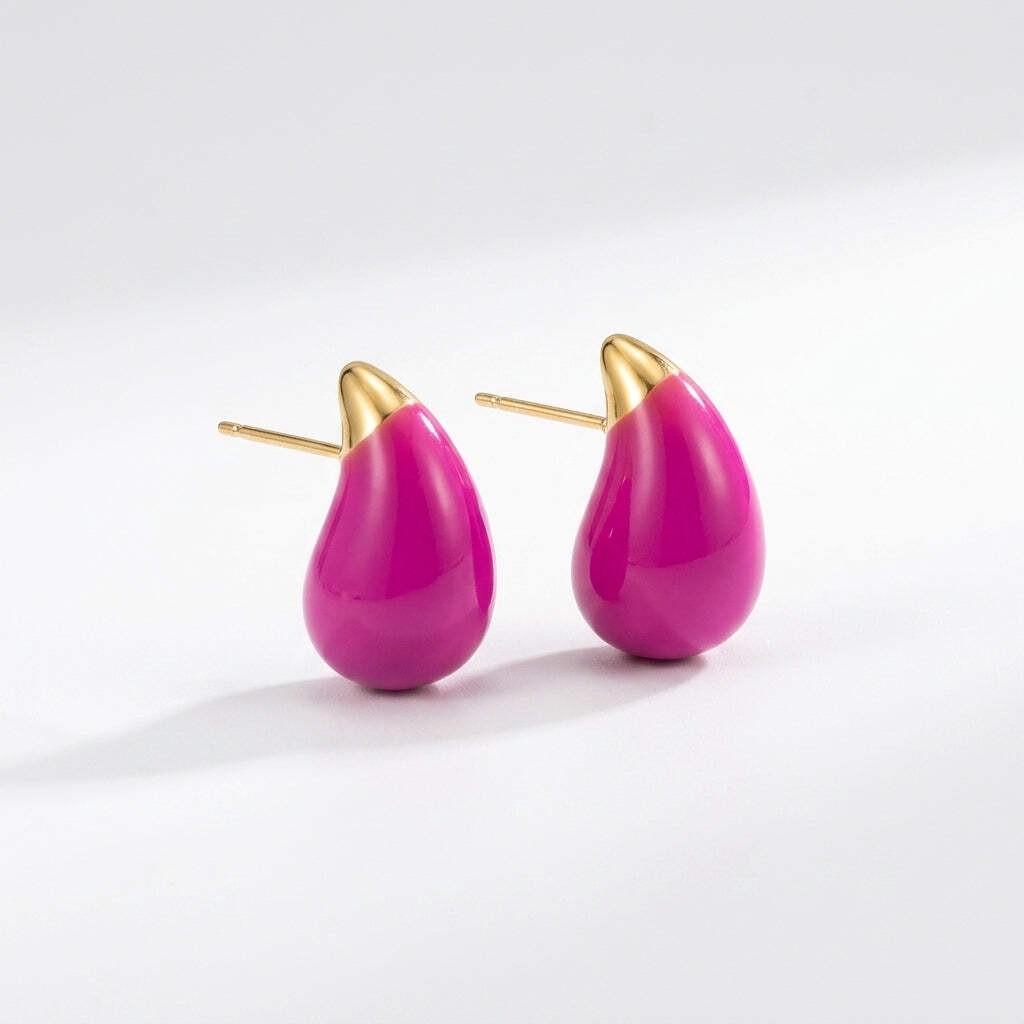 Enamel Teardrop Stud Earrings in Stainless Steel Fuchsia