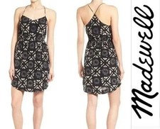 Madewell Starview Batik Grid Cami Dress 100 Silk Black  White Floral Size 8