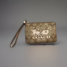 Coach Brown Beige Logo Wristlet Wallet with Wrist Strap and Inner Pockets