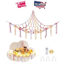 Macrame Stuffed Animal Hammock, Colorful Corner Toy Storage with LED Light