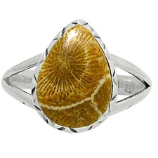 Premium Quality Flower Fossil Coral 925 Sterling Silver Ring s.9 Jewelry R-1074