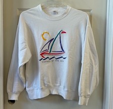 Vintage 90s Oversized Crewneck  Carmel By The Sea  White Sailboat Sweatshirt Med