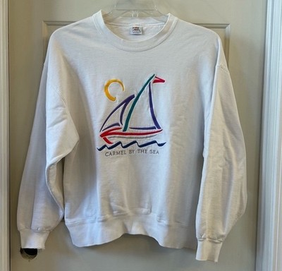 Vintage 90s Oversized Crewneck  Carmel By The Sea  White Sailboat Sweatshirt Med