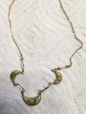 3 crescent moon yellow flowers painted pendant on gold tone 16" necklace