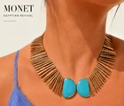 Vintage Monet Egyptian Revival Turquoise Gold Tone Bib Collar Necklace - DS31