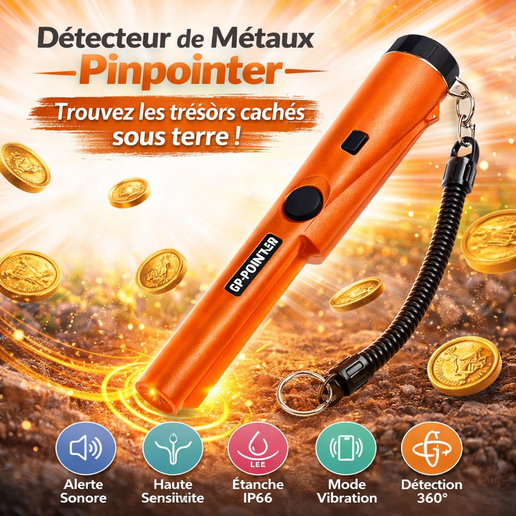 Détecteur de métaux portable noir pour enfant et adulte avec pinpointeur étanche