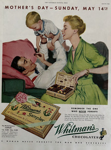 WHITMANS CHOCOLATES SAMPLER MOTHERS DAY NEVER FORGETS VINTAGE PRINT AD 1950