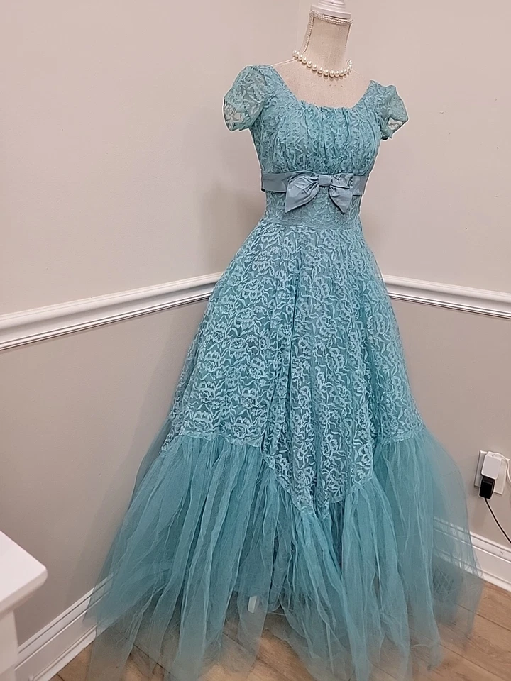 Maxi Vestido Falda Circular Vintage Años 50 Mediados de Siglo Encaje Tul Fiesta Baile de graduación Foto 3 de 4