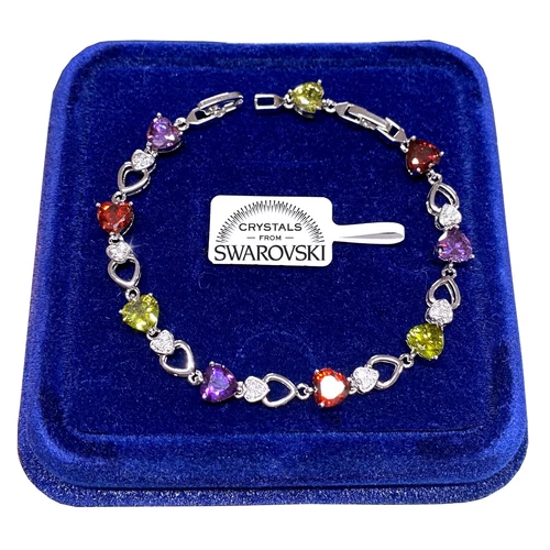 Bracciale Tennis Cuore Multicolor pl. oro Bianco 18k con Cristalli Swarovski B21 - Foto 1 di 4
