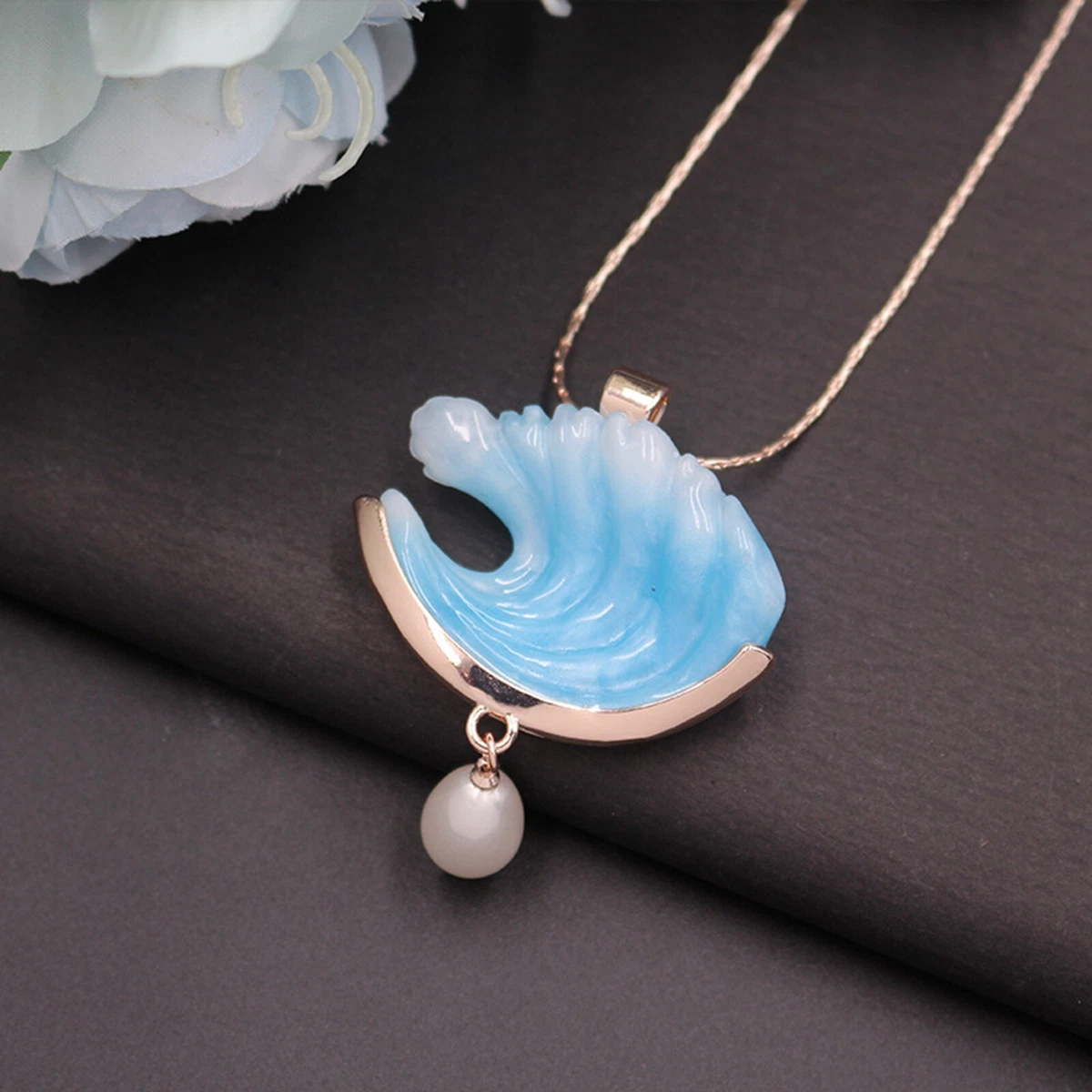 Ocean Blue Wave Necklace With Exquisite Micro Inlaid Pearl Pendant For Women
