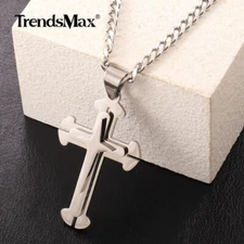 Silver Stainless Steel Double Layered Cross Pendant Necklace 18-30" Curb Chain