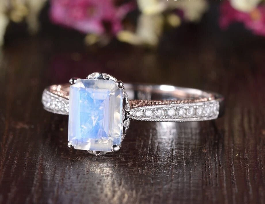 Emerald Cut Moonstone Engagement Ring 925 Sterling Silver Women