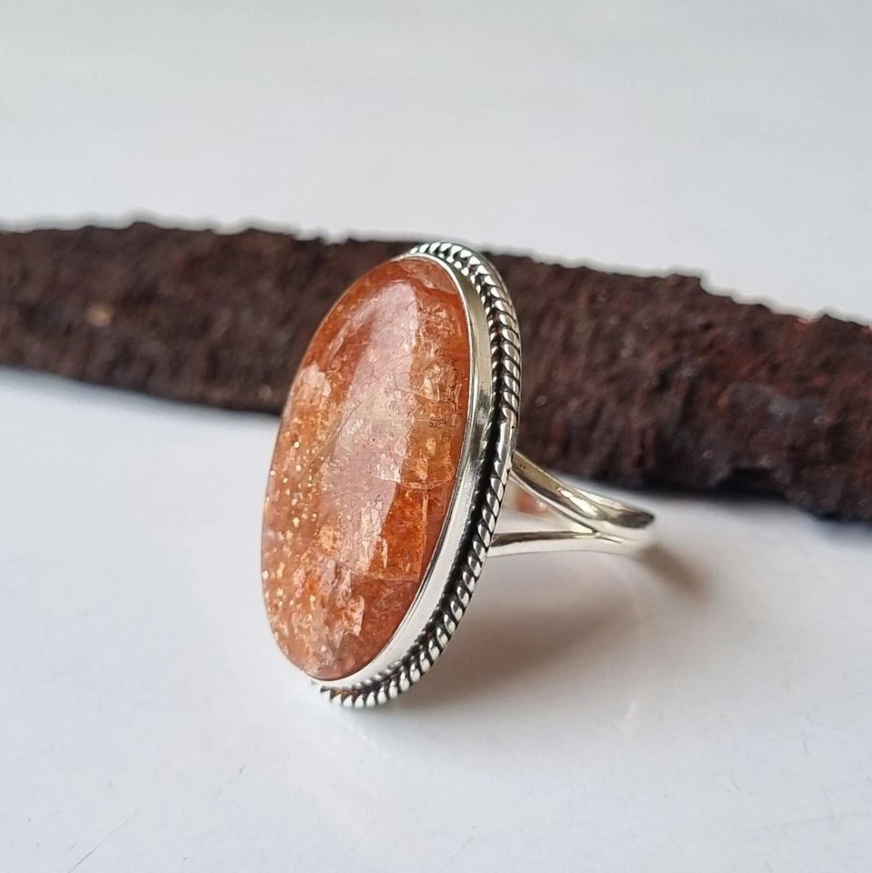 Pedra preciosa glitter oval pedra do sol prata esterlina 925 feita à mão presente seu anel PG1467 - Imagem 2 de 3